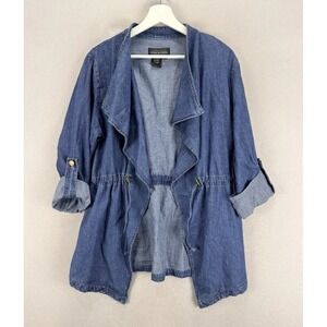 Live A Little Women's Sz S Blue Denim Rolled Tab High & Low Open Front‎ Cardigan
